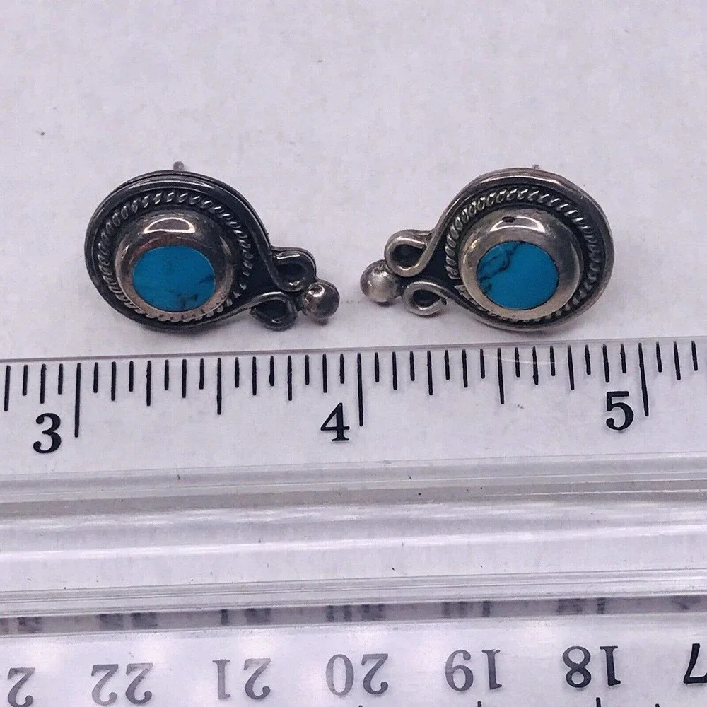 Sterling Silver Earrings Turquoise Blue Post Stud Twisted Rope Mexico 925